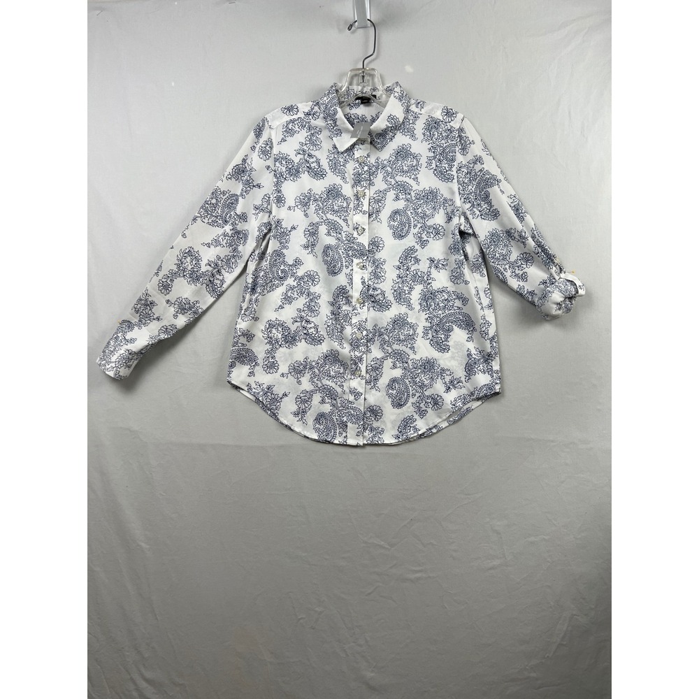 Ann Taylor Button Up Shirt Women Small Petite White Blue Paisley Floral Long Slv